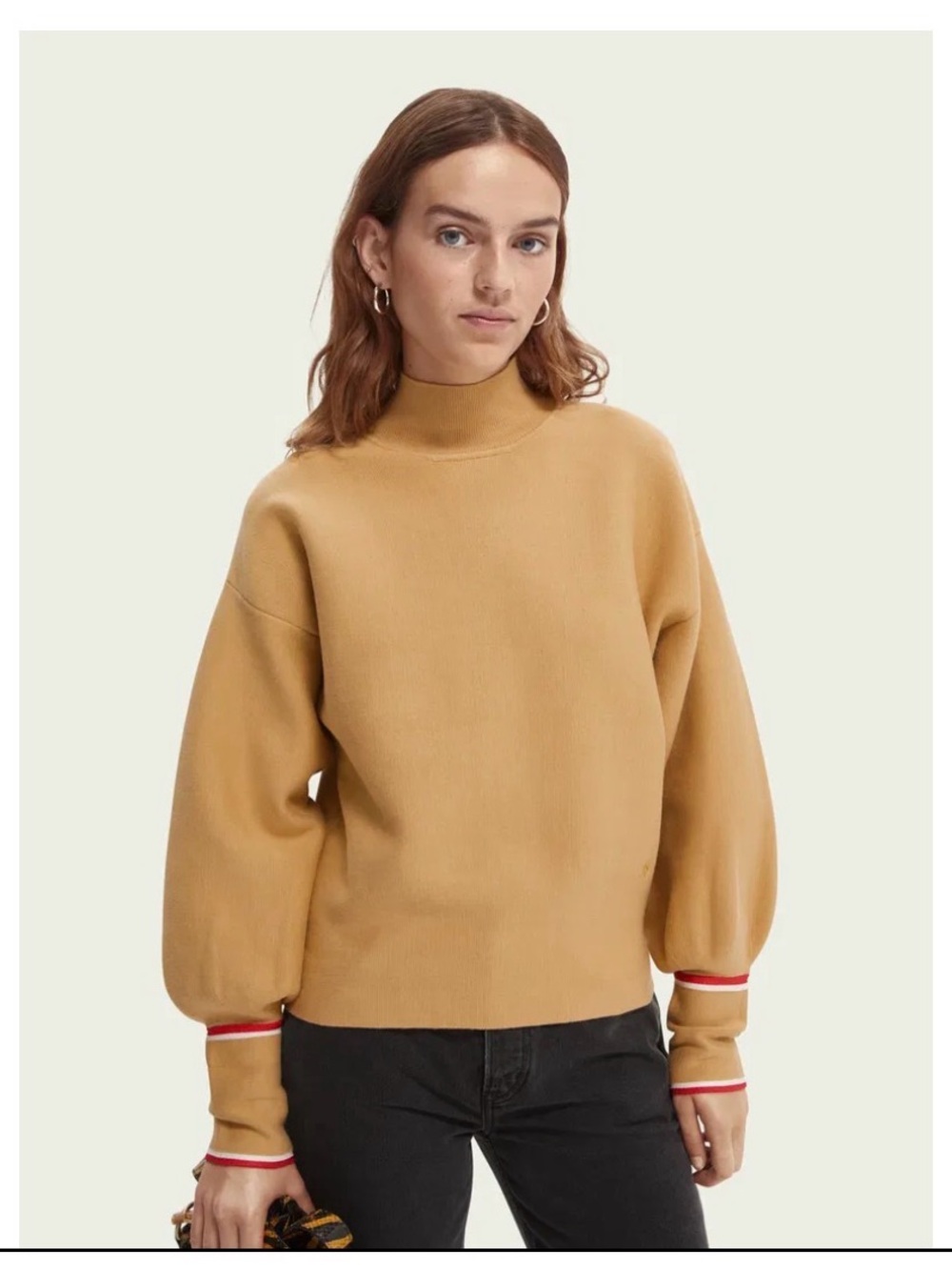 Scotch & Soda Camel Mock Neck Balloon-Sleeve Sweater with Red-Trim Cuffs
